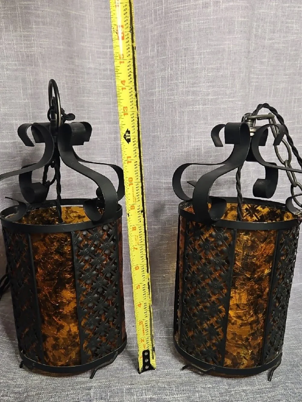Vintage 1970s Spanish Revival Wrought Iron & Amber Acrylic Pendant Swag Lamps